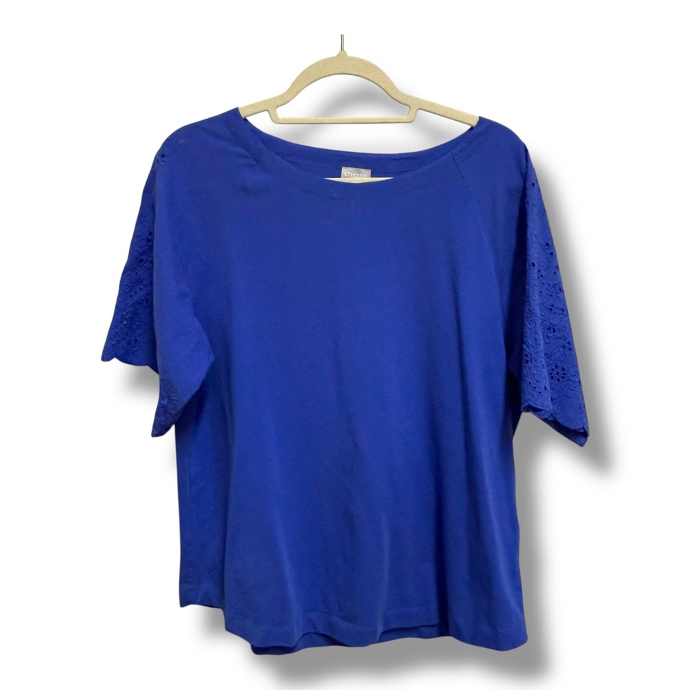 Chicos Royal Blue Eyelet Sleeve Knit Top Boat Neck Cotton Blouse Size 2 Large 12 - Picture 1 of 5